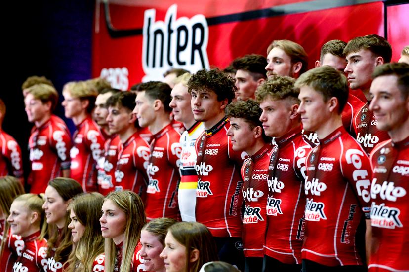Belgian Arnaud De Lie of Lotto-Intermarche, Belgian Jarno Widar of Lotto-Intermarche and Belgian Lennert Van Eetvelt of Lotto-Intermarche pictured during the team presentation of the Lotto-Intermarche cycling team, Monday 12 January 2026 in Temse. BELGA PHOTO DIRK WAEM