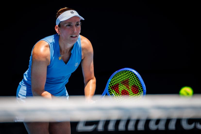 Belgian Elise Mertens pictured during a doubles tennis match between Belgian-Chinese pair Mertens-Zhang and Kazakh/Serbian pair Danilina/Krunic, in the final of the women doubles at the Australian Open, Melbourne Park, Melbourne on Saturday 31 January 2026. BELGA PHOTO PATRICK HAMILTON  --- BENELUX ONLY   ---