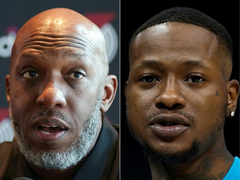 (COMBO) This combination of pictures created on October 23, 2025 shows, L/R, Head coach Chauncey Billups of the Portland Trail Blazers on July 21, 2025 in Portland, Oregon and Terry Rozier on December 29, 2022 in Charlotte, North Carolina. Billups was arrested on October 23, 2025, in connection with an illegal gambling probe.  Amanda Loman, Jared C. Tilton / GETTY IMAGES NORTH AMERICA / AFP