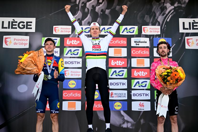 Italian Giulio Ciccone, Slovenian Tadej Pogacar of UAE Team Emirates and Irish Ben Healy of EF Education-EasyPost celebrates on the podium after winning the men elite race of the Liege-Bastogne-Liege one day cycling event, 252km from Liege, over Bastogne to Liege, Sunday 27 April 2025. BELGA PHOTO MAARTEN STRAETEMANS