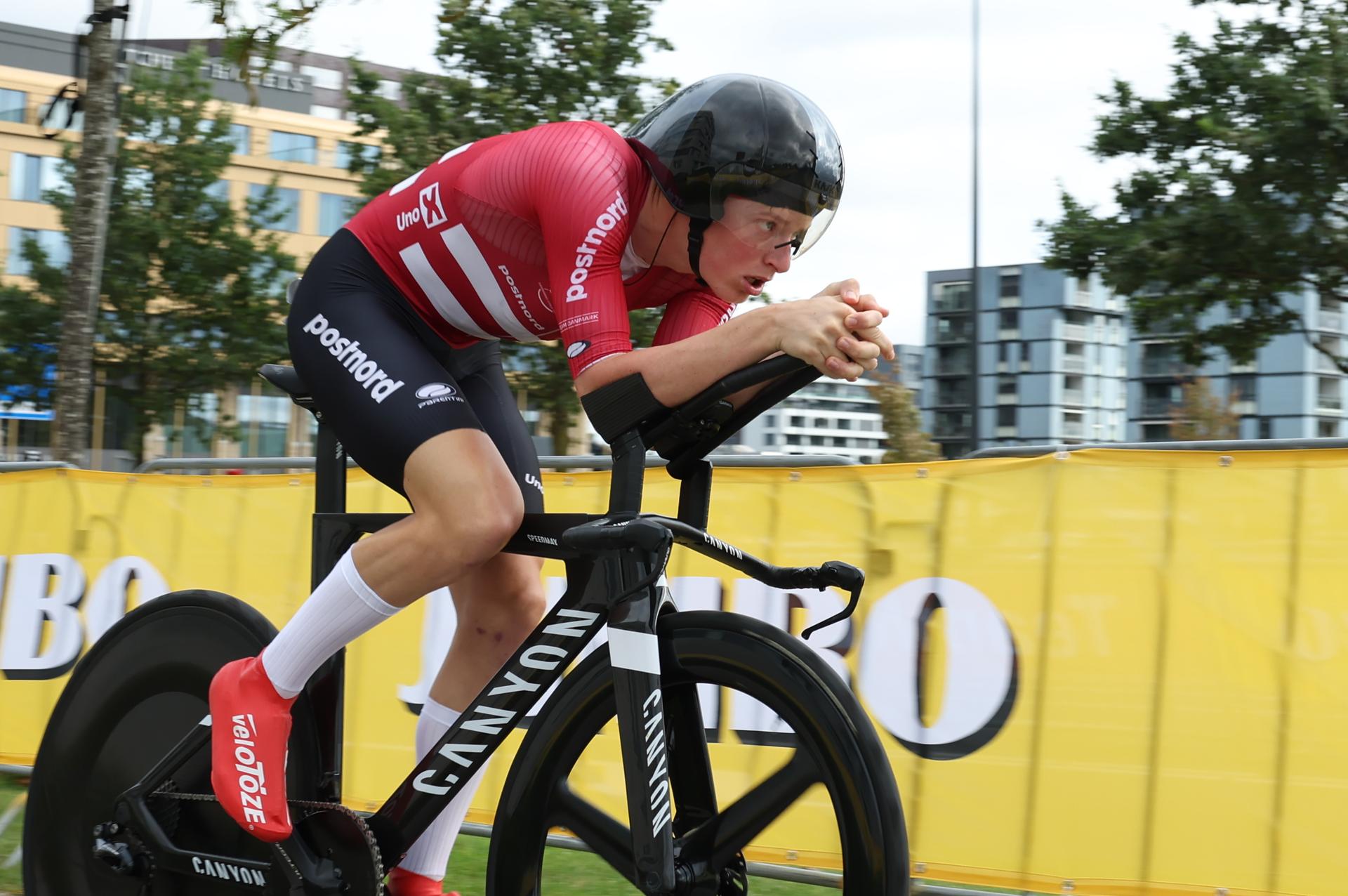Danish Albert Philipsen pictured in action during the junior men individual time trial at the UEC Road European Championships, a 20,6km track in Emmen, The Netherlands, Wednesday 20 September 2023. The European cycling championships takes place from 20 to 24 september. BELGA PHOTO DAVID PINTENS