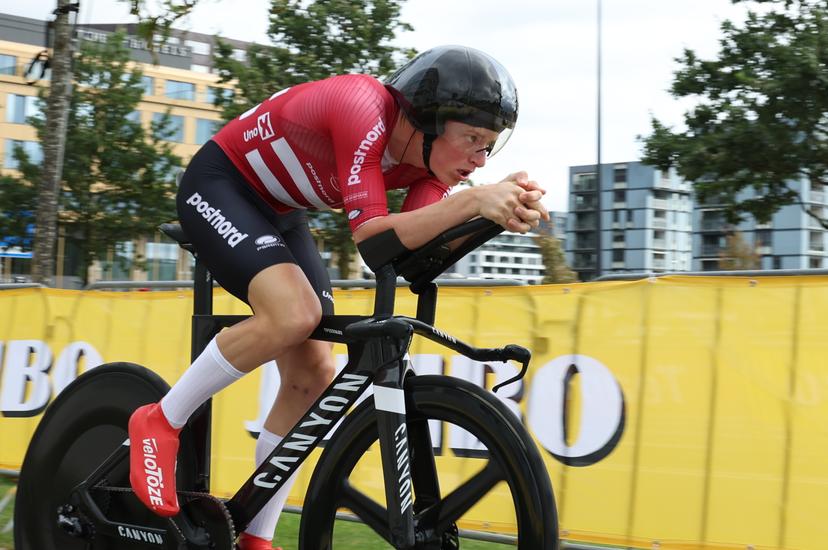 Danish Albert Philipsen pictured in action during the junior men individual time trial at the UEC Road European Championships, a 20,6km track in Emmen, The Netherlands, Wednesday 20 September 2023. The European cycling championships takes place from 20 to 24 september. BELGA PHOTO DAVID PINTENS