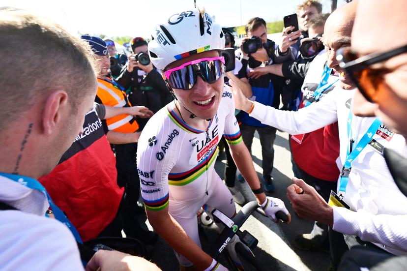 Slovenian Tadej Pogacar of UAE Team Emirates celebrates after winning the men's race of the 'Ronde van Vlaanderen/ Tour des Flandres/ Tour of Flanders' one day cycling race, 268,9km from Brugge to Oudenaarde, Sunday 06 April 2025. BELGA PHOTO DIRK WAEM