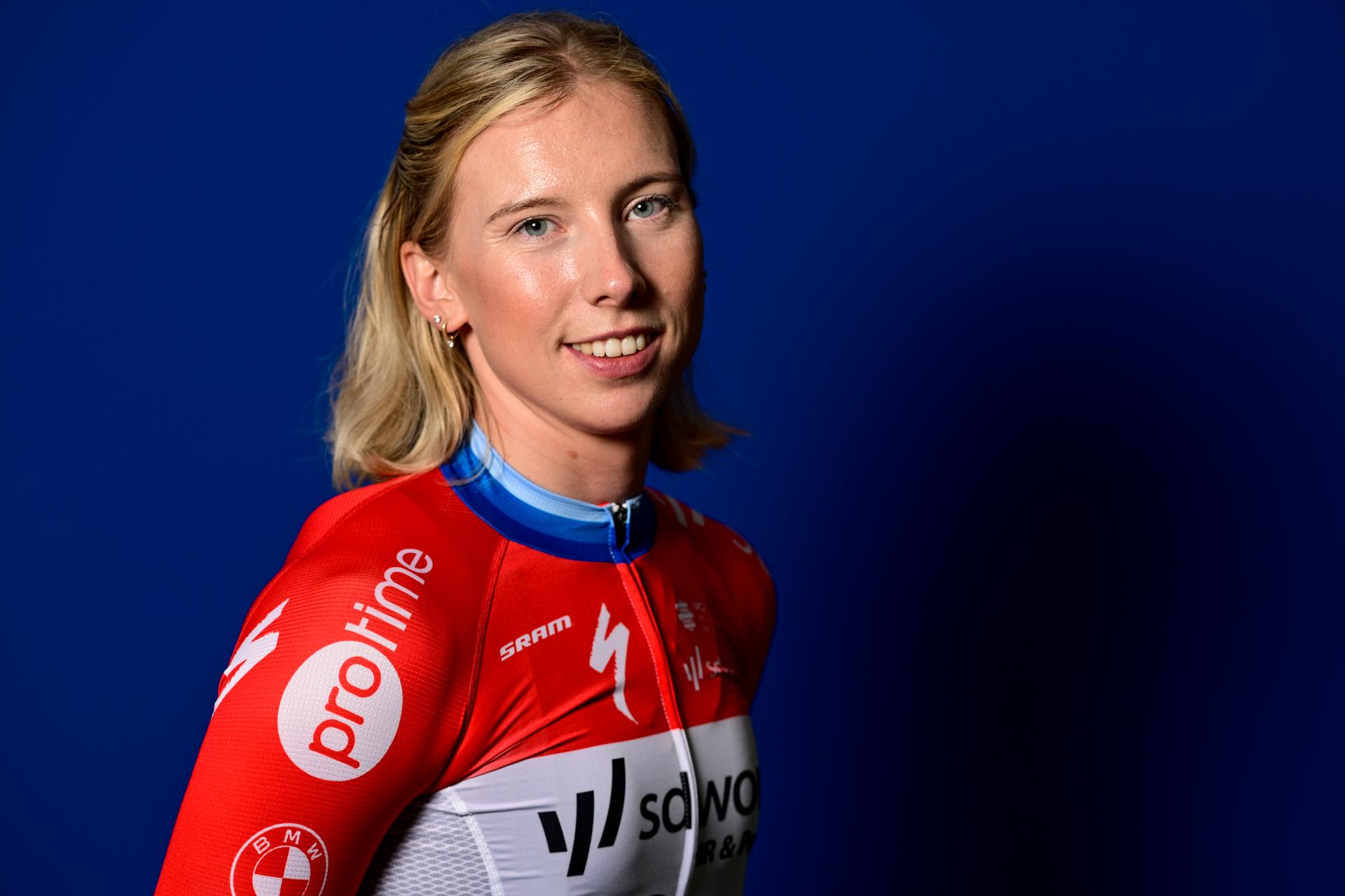 Dutch Lorena Wiebes of SD Worx-Protime poses for the photographer at the team presentation of the Team SD Worx-Protime cycling team, at the photography museum (FOMU), in Antwerp, Thursday 08 January 2026. BELGA PHOTO DIRK WAEM