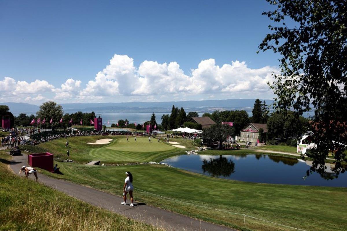 This photograph shows a general vieu of the 18th hole during the third round of the Amundi Evian Championship at Evian Resort Golf Club, in Evian-Les-Bains, eastern France on July 12, 2025.  Alex MARTIN / AFP