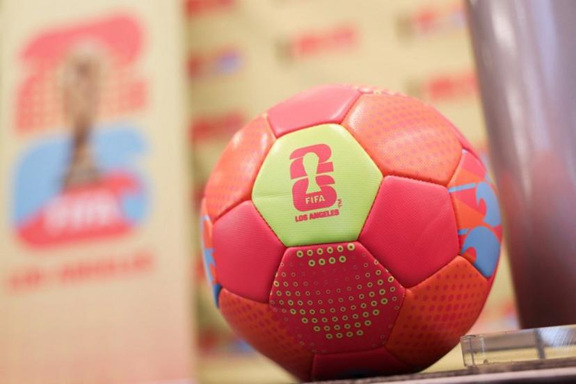The FIFA 26 Los Angeles logo is displayed on a soccer ball during the Los Angeles World Cup 2026 Host Committee Community and Fan Engagement Press Event at the Los Angeles Memorial Coliseum in Los Angeles, California on January 28, 2026.  Patrick T. Fallon / AFP