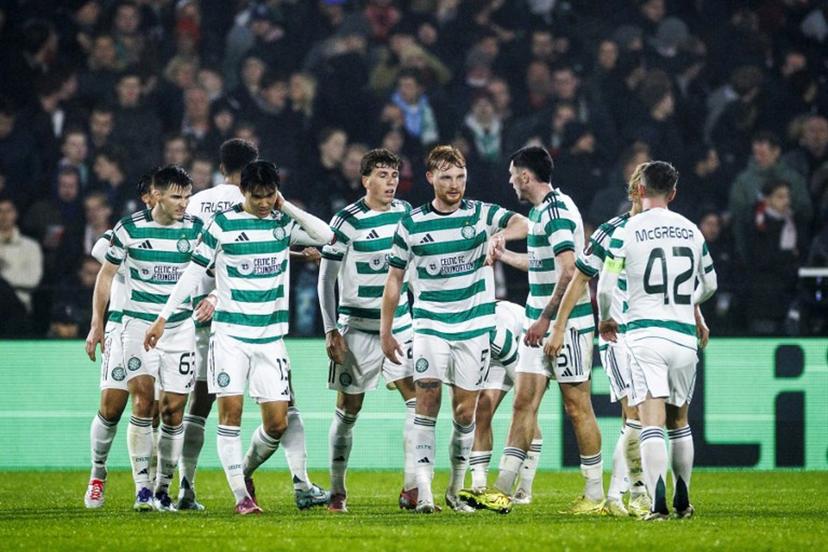 Players of Celtic FC celebrate their 1-2 goal during the UEFA Europa League football match Feyenoord Rotterdam and Celtic Glasgow at the Feyenoord Stadium 'De Kuip' in Rotterdam on Novemberr 27, 2025.  Koen van Weel / ANP / AFP