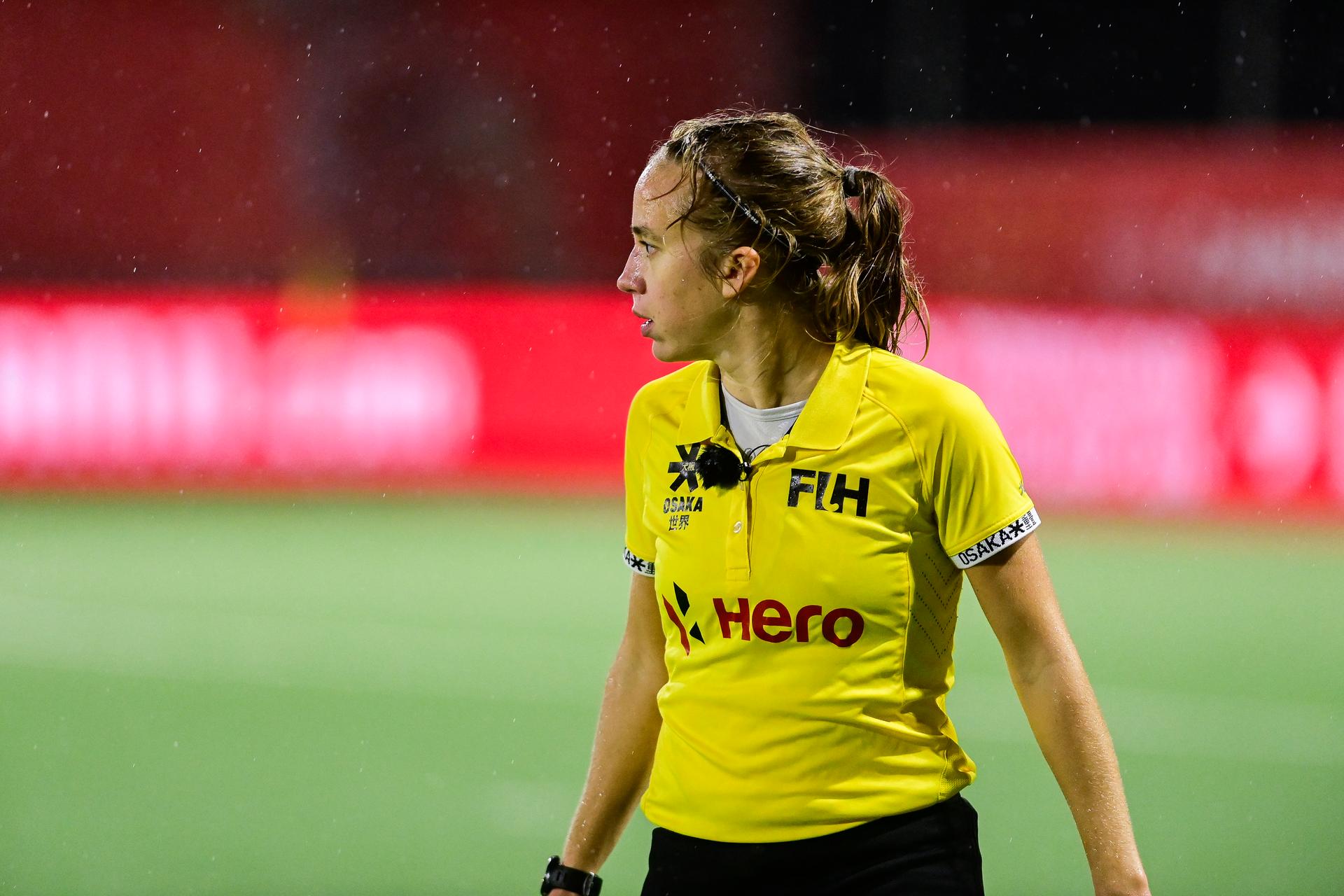 Referee Laurine Delforge pictured during a hockey game between the Belgian Red Lions and Great Britain's national team, a group stage game (9 out of 16) of the men's FIH Pro League in Uccle-Ukkel, Brussels, Saturday 31 October 2020. BELGA PHOTO LAURIE DIEFFEMBACQ