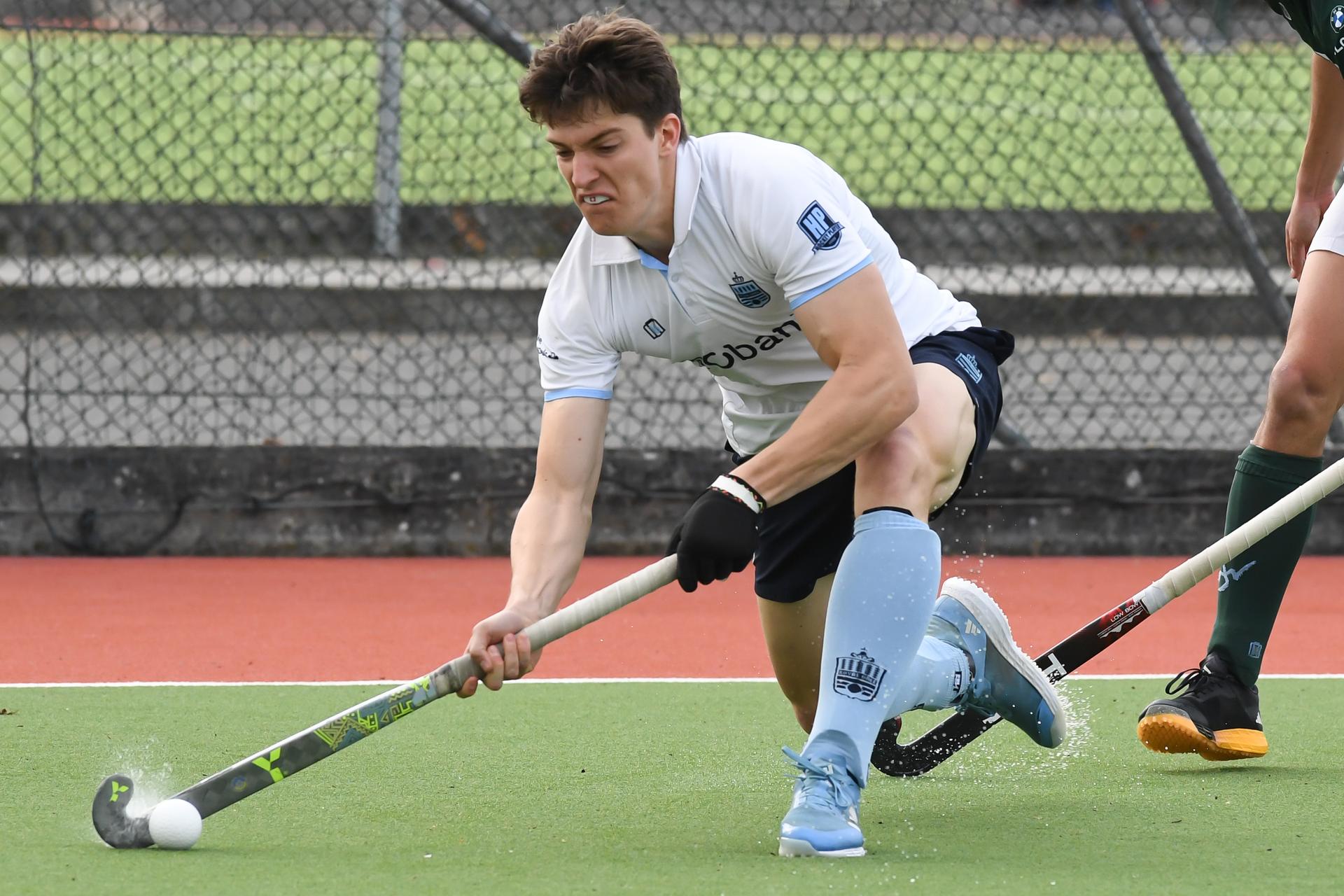 Oree's Loris Grandchamp pictured in action during a hockey game between Waterloo Ducks and Royal Oree, Sunday 23 March 2025 in Waterloo, on day 14 of the Belgian first division hockey championship. BELGA PHOTO JILL DELSAUX