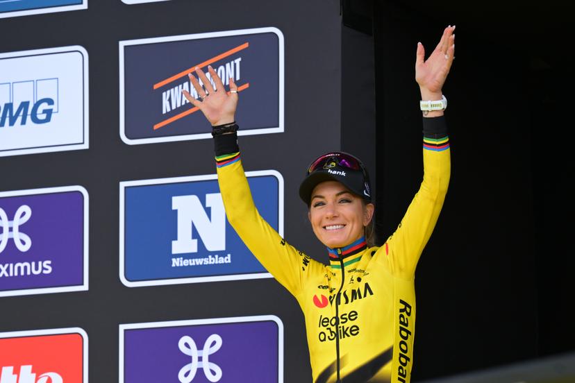Second French Pauline Ferrand Prevot of Team Visma-Lease a Bike arrives on the podium of the women's race of the 'Ronde van Vlaanderen/ Tour des Flandres/ Tour of Flanders' UCI WorldTour one day cycling race, 164,1 km with start and finish in Oudenaarde, Sunday 05 April 2026. BELGA PHOTO DAVID PINTENS