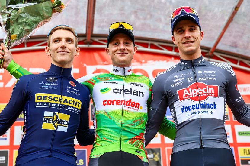 Belgian Victor Van de Putte, Belgian Toon Vandebosch and Belgian Niels Vandeputte pictured on the podium after the men's elite race of the Exact Cross Essen, stage 2 (out of 7) in the Exact Cross cyclocross competition, Saturday 18 October 2025, in Essen. BELGA PHOTO DAVID PINTENS