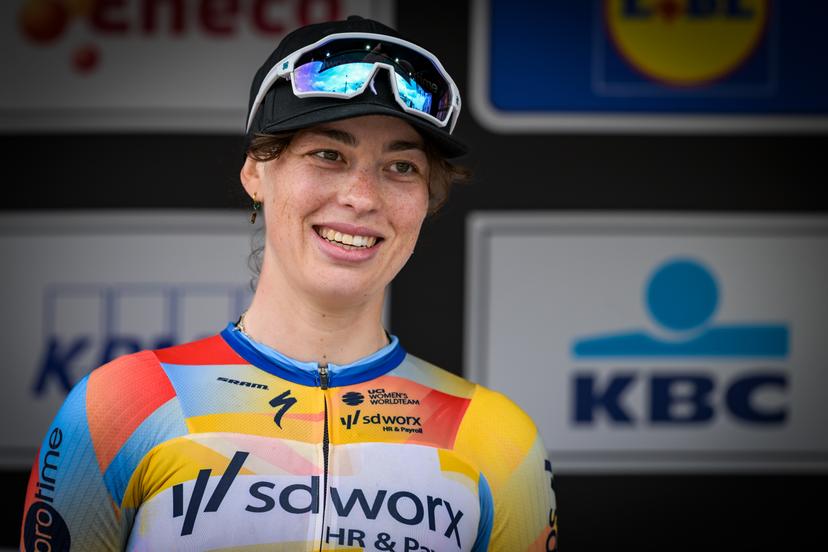 Belgian Mischa Bredewold of SD Worx-Protime pictured on the podium after the women's 'Brabantse Pijl' one day cycling race, 125,7km from Lennik to Overijse on Friday 17 April 2026. BELGA PHOTO DAVID PINTENS