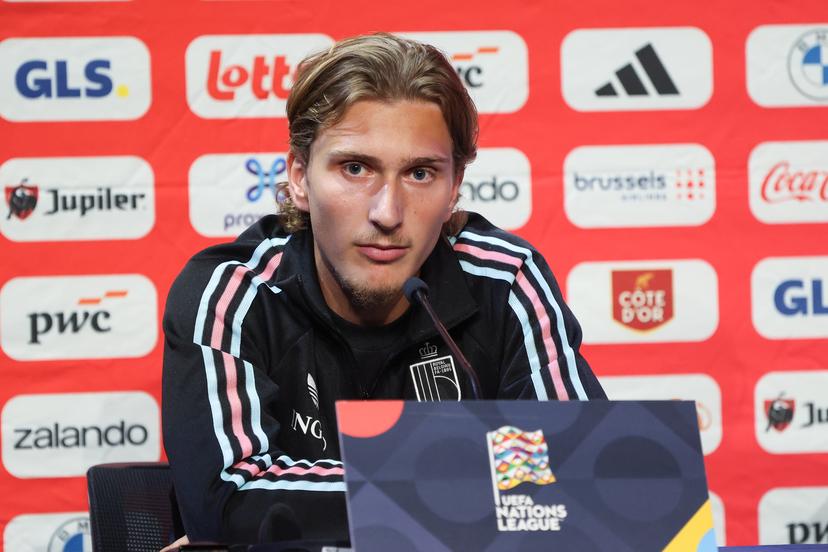 Belgium's Mika Godts pictured during a press conference session of the Red Devils, the Belgian national soccer team, in Paris, Sunday 4 October 2026. The team is preparing for their game against France on Monday, their fourth game in the UEFA Nations League competition. BELGA PHOTO BRUNO FAHY