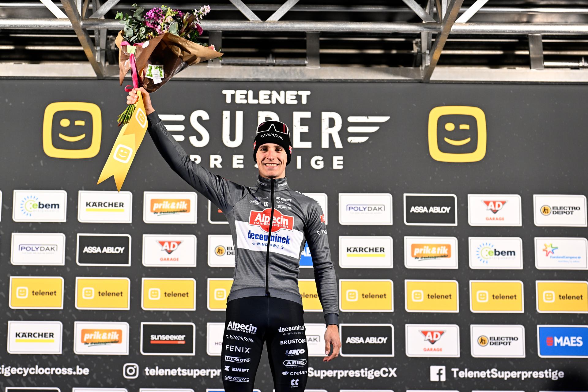 Belgian Niels Vandeputte celebrates on the podium after the men's race of the Superprestige Merksplas cyclocross event, fourth stage (4/8) of the Superprestige cyclocross cycling competition, Saturday 15 November 2025, in Merksplas. BELGA PHOTO JASPER JACOBS