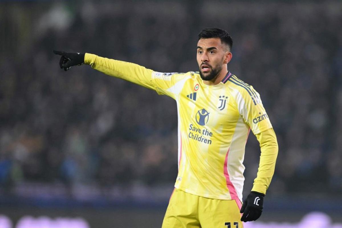 Juventus' Argentine forward #11 Nicolas Gonzalez gestures  during the UEFA Champions League, league phase matchday 7, football match between Club Brugge KV and Juventus FC at the Jan Breydel Stadium in Bruges, on January 21, 2025.  NICOLAS TUCAT / AFP