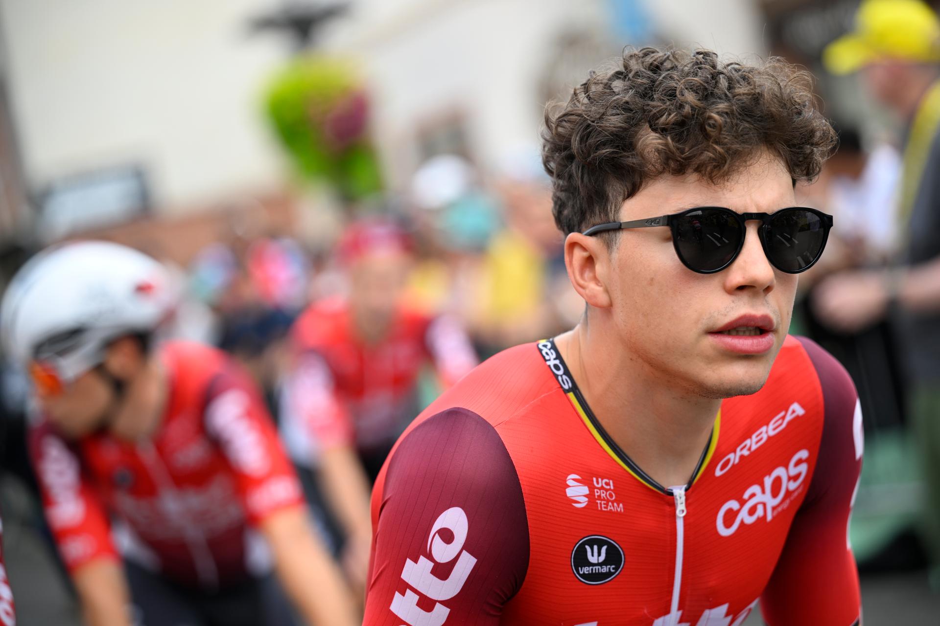 Belgian Arnaud De Lie of Lotto Cycling Team pictured at the start of stage 15 of the 2025 Tour de France cycling race, from Muret to Carcasonne (169 km), on Sunday 20 July 2025 in France. The 112th edition of the Tour de France starts on Saturday 5 July in Lille, France, and will finish in Paris, France on the 27th of July.   BELGA PHOTO JASPER JACOBS