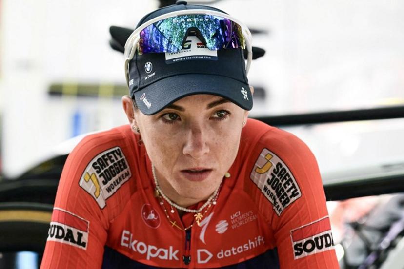 AG Insurance-Soudal Team's Mauritian rider Kim Le Court-Pienaar looks on after winning the 6th (out of 9) stage of the fifth edition of the Women's Tour de France cycling race, 153.4 km from Montbrison to Tournon-sur-Rhone, in Tournon-sur-Rhone, central-eastern France on August 6, 2026.  NICOLAS TUCAT / AFP