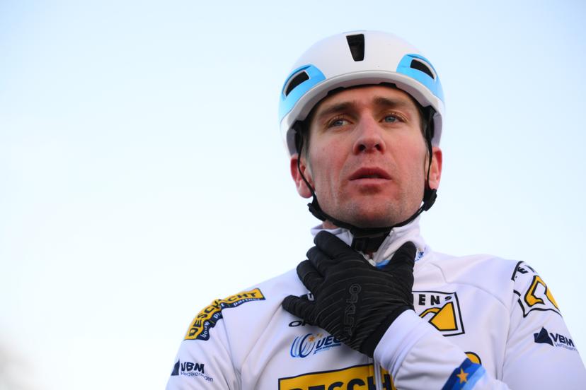 Belgian European champion Toon Aerts reacts after the finish line of the men elite race at the World Cup cyclocross cycling event in Tabor, Czech Republic, stage 1 (out of 12) of the UCI World Cup cyclocross competition, Sunday 23 November 2025. BELGA PHOTO DAVID PINTENS