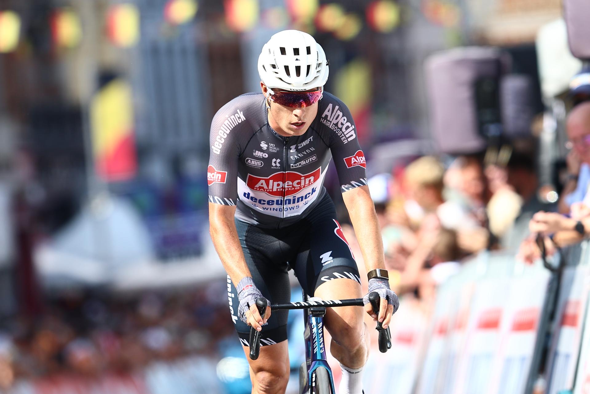 Belgian Jasper Philipsen of Alpecin-Deceuninck finishes third of the men's elite road race of the Belgian Cycling Championships, 230km from and to the Grand Place square in Binche on Sunday 29 June 2025. BELGA PHOTO DAVID PINTENS
