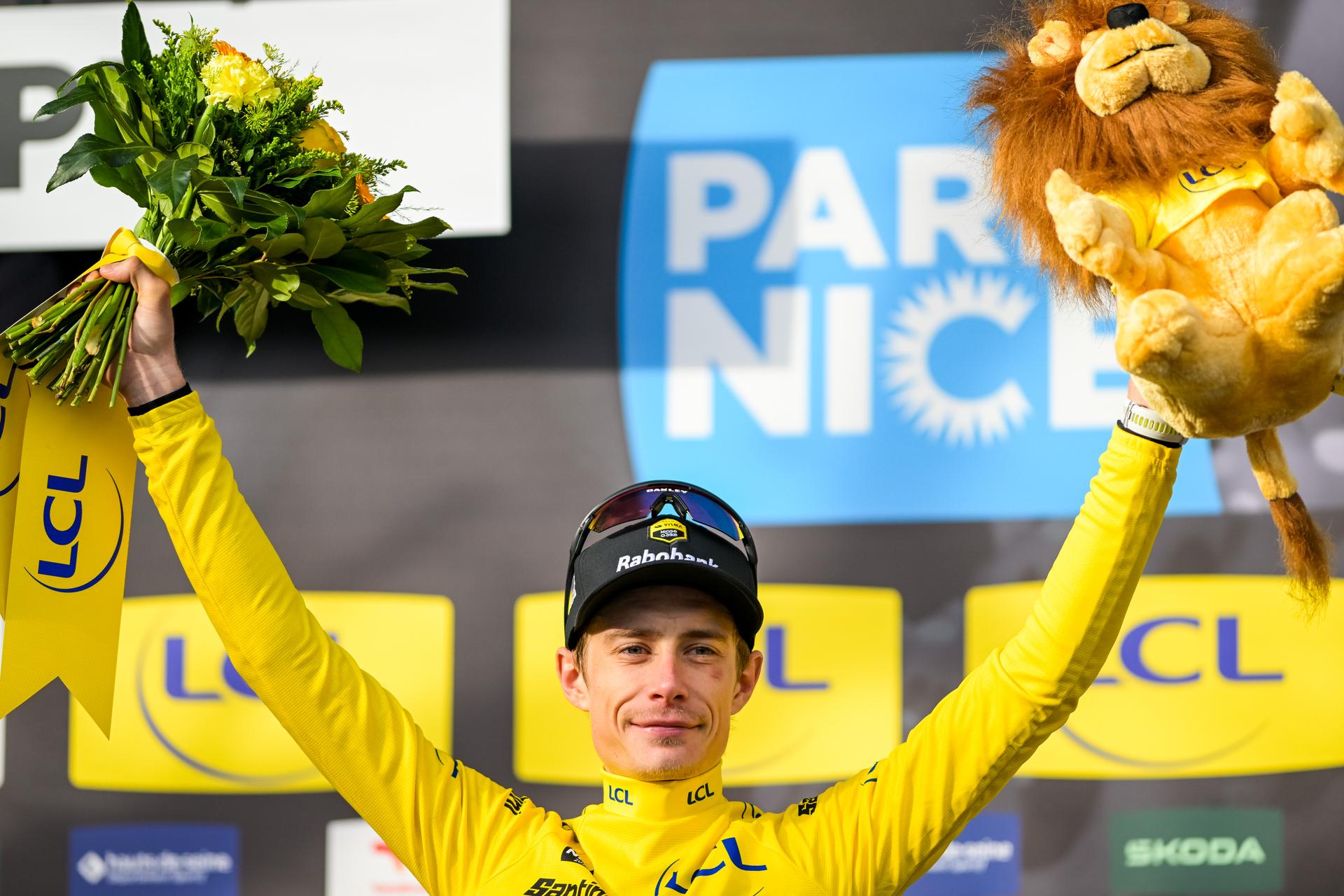 Danish Jonas Vingegaard of Team Visma-Lease a Bike celebrates on the podium in the yellow jersey of leader in the overall ranking after the sixth stage of 84th edition of the Paris-Nice cycling race, a race from Barbentane to Apt (179,3 km), on Friday 13 March 2026. BELGA PHOTO DAVID PINTENS