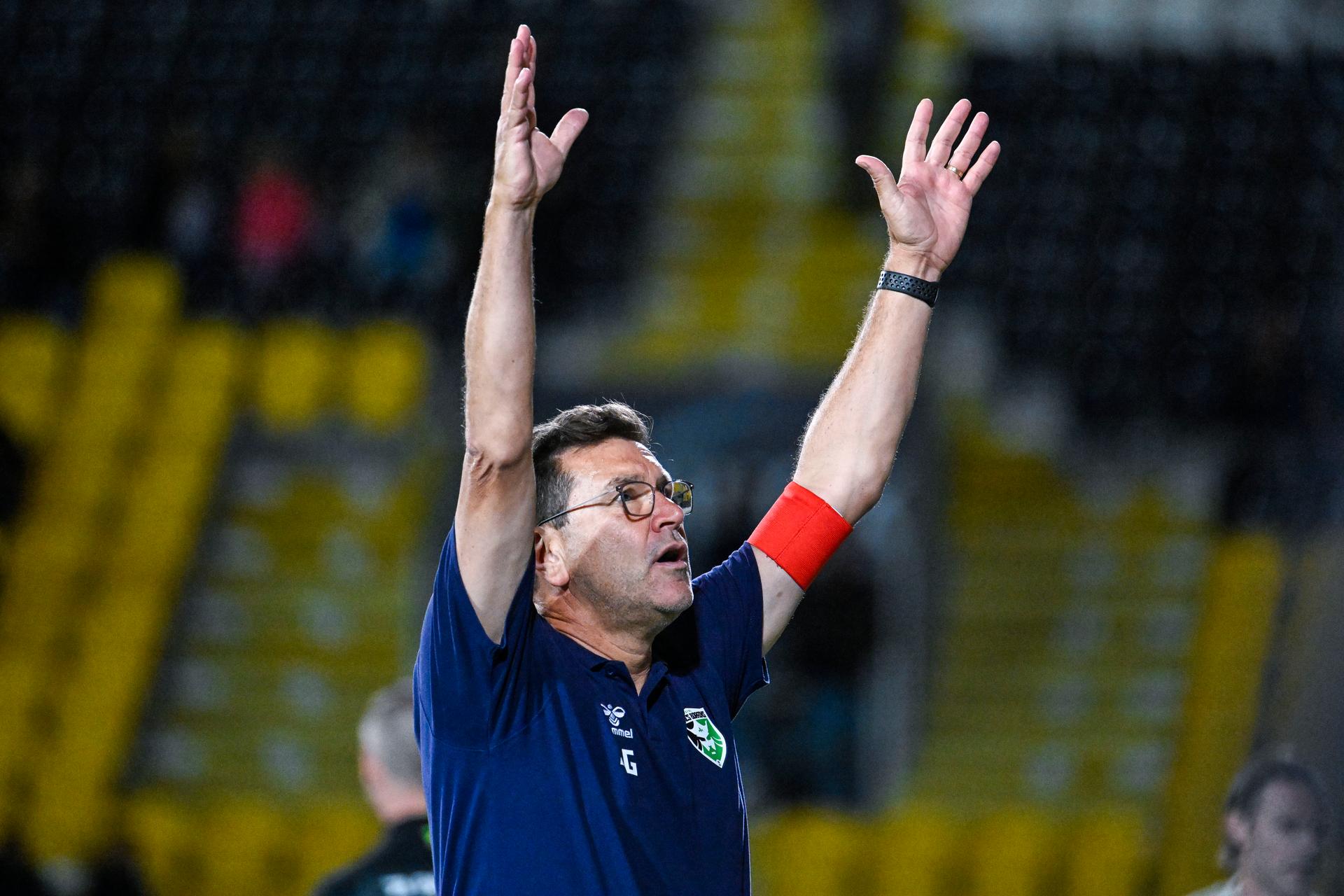 Francs Borains' head coach Sebastien Grandjean celebrates after winning a soccer match between KSC Lokeren-Temse and Royal Francs Borains, in Lokeren, on day 2 of the 2024-2025 'Challenger Pro League' 1B second division of the Belgian championship, Friday 23 August 2024. BELGA PHOTO TOM GOYVAERTS