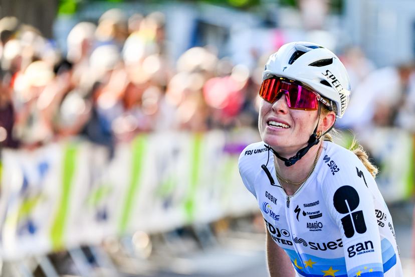 Dutch Demi Vollering of FDJ United-SUEZ celebrates as she crosses the finish line at the women elite race of the Liege-Bastogne-Liege UCI World Tour one day cycling race, 156km from Bastogne to Liege, Sunday 26 April 2026. BELGA PHOTO ERIC LALMAND
