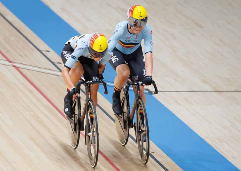 Belgian Shari Bossuyt and Belgian Lotte Kopecky ride on a bike during  the Women's Madison event at the UCI Track Cycling World Championships in Shanghai, China on Saturday 17 October 2026. The worlds are taking place from 14 to 18 October 2026. BELGA PHOTO BENOIT DOPPAGNE