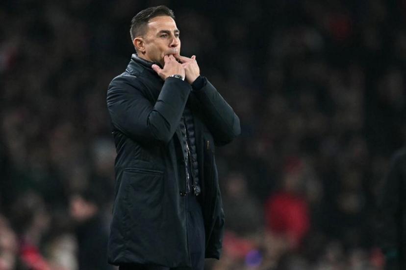 Dinamo Zagreb's Italian head coach Fabio Cannavaro whistles to his players from the touchline during the UEFA Champions League football match between Arsenal and Dinamo Zagreb at the Emirates Stadium in north London on January 22, 2025.  JUSTIN TALLIS / AFP