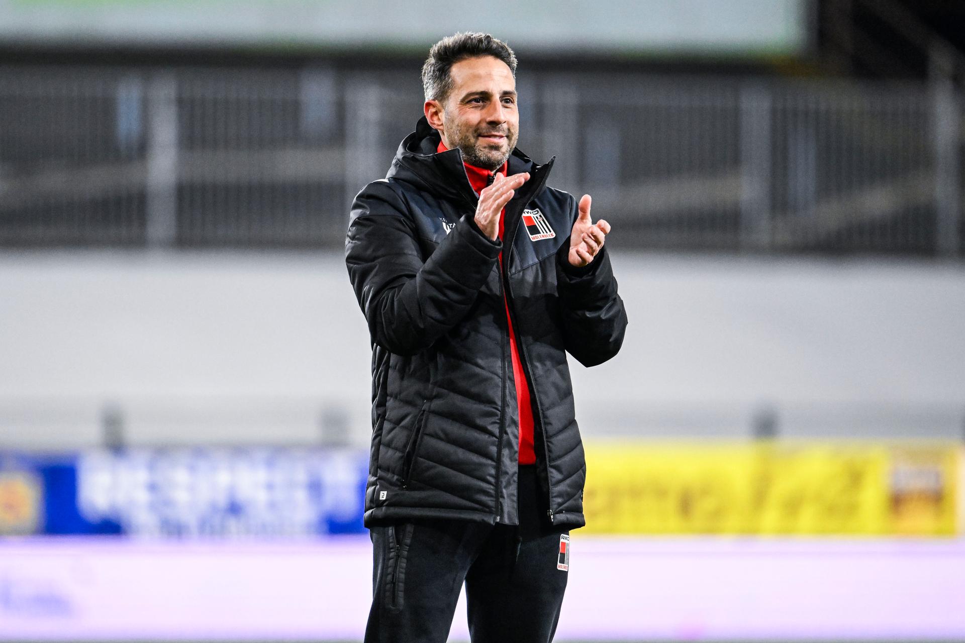Rwdm's head coach Yannick Ferrera celebrates after winning a soccer match between SK Beveren and RWD Molenbeek, Friday 14 March 2025 in Beveren-Waas, on day 26 of the 2024-2025 'Challenger Pro League' 1B second division of the Belgian championship. BELGA PHOTO TOM GOYVAERTS