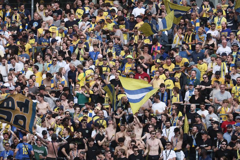 Union's supporters pictured at the start of a soccer match between Royale Union Saint-Gilloise and Club Brugge KV, Sunday 20 July 2025 in Brussels, the 'Super Cup' where the Champions of the Jupiler Pro League Brugge meets the winner of the Croky Cup Union. BELGA PHOTO BRUNO FAHY