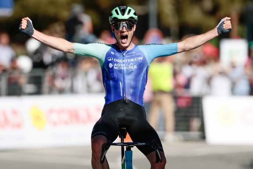 Decathlon AG2R La Mondiale Team's French rider Nicolas Prodhomme celebrates after victory as he crosses the finish line of the 19th stage of the 108th Giro d'Italia cycling race of 166kms from Biella to Champoluc on May 30, 2025.  Luca Bettini / AFP