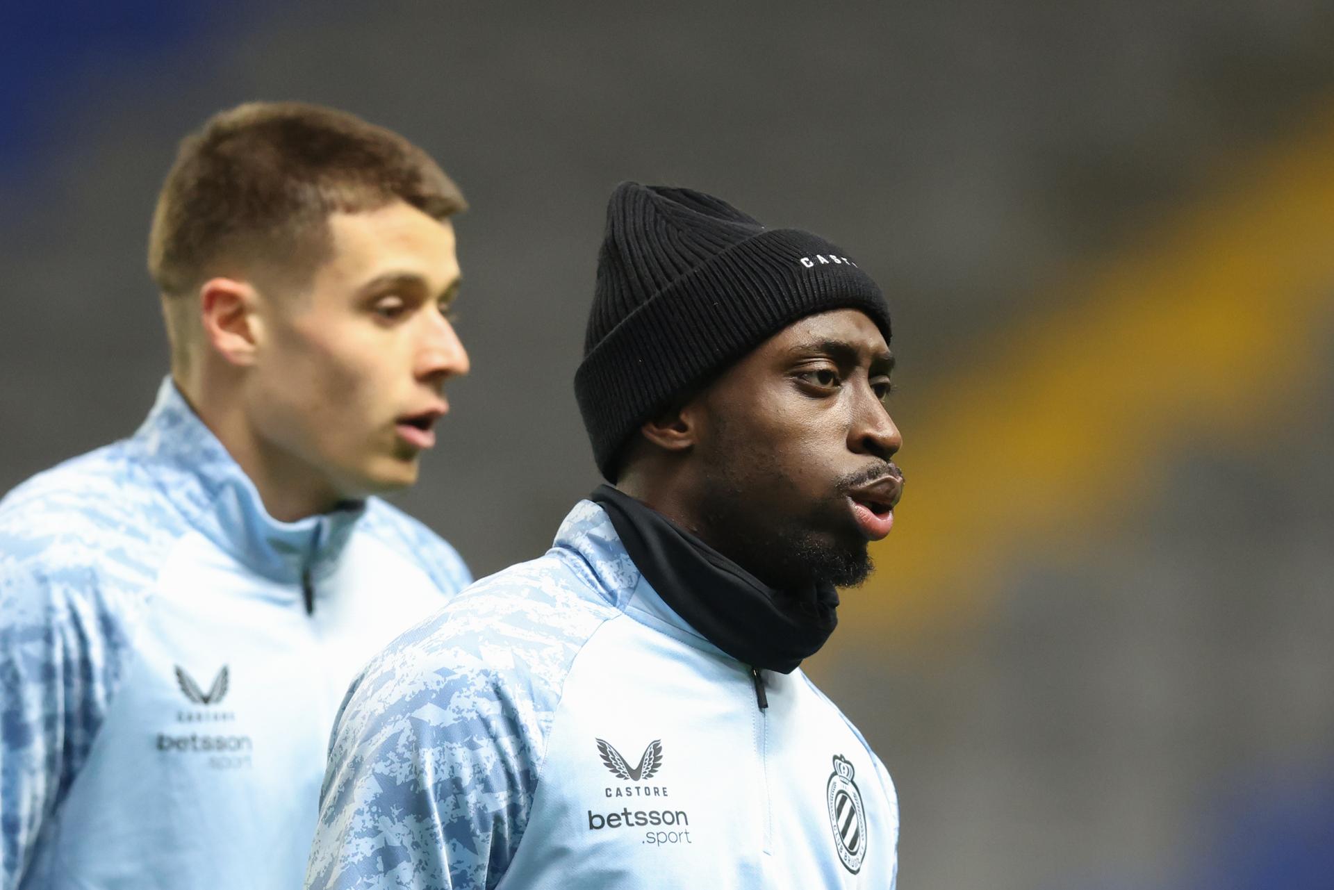 Club's Nicolo Tresoldi and Club's Carlos Forbs pictured during a training session of Belgian soccer team Club Brugge KV, on Monday 19 January 2026 in Almaty, Kazakhstan. The team is preparing for tomorrow's game against Kazakh FC Kairat Almaty, on day seven of the League phase of the UEFA Champions League tournament. BELGA PHOTO BRUNO FAHY