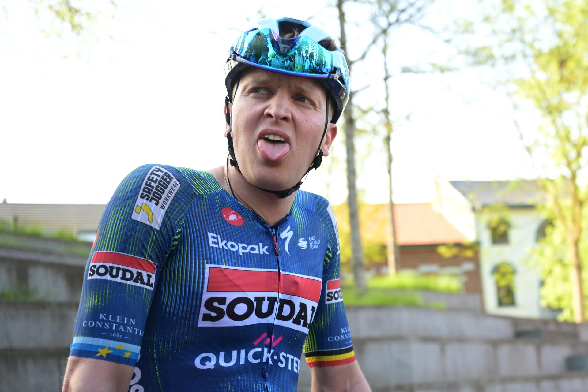 Belgian Tim Merlier of Soudal Quick-Step celebrates after winning the 'Ronde Van Limburg' one day cycling race, from Hasselt to Tongeren-Borgloon (178,4 km) on Wednesday 15 April 2026. BELGA PHOTO DAVID PINTENS