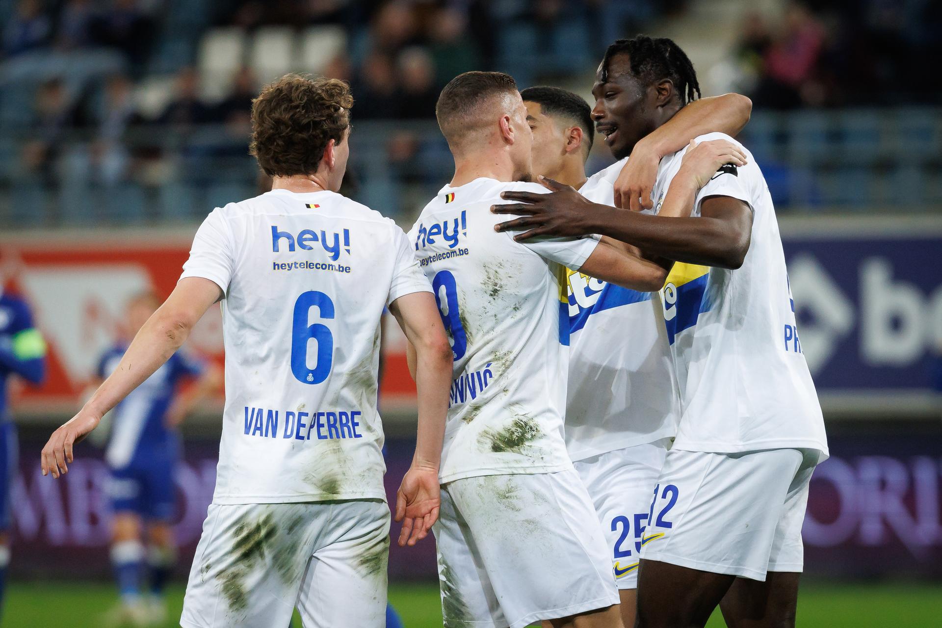 Union's Promise David celebrates after scoring during a soccer match between KAA Gent and Royale Union Saint-Gilloise, Saturday 05 April 2025 in Gent, on day 2 (out of 10) of the Champions' Play-offs of the 2024-2025 'Jupiler Pro League' first division of the Belgian championship. BELGA PHOTO KURT DESPLENTER