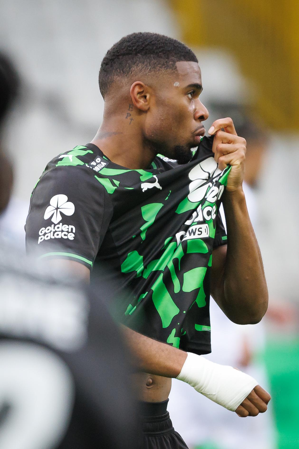 Cercle's Steve Eyrolle Ngoura celebrates after scoring during a soccer match between Cercle Brugge and Raal La Louviere, Saturday 11 April 2026 in Brugge, on the day two of the Relegation Play-offs of the 2025-2026 'Jupiler Pro League' first division of the Belgian championship. BELGA PHOTO KURT DESPLENTER
