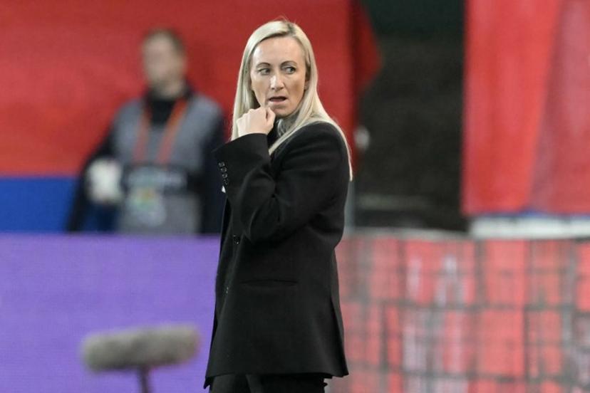 Belgium's head coach Elisabet Gunnarsdottir looks on from the sidelines during the UEFA Women's Nations League Group A3 football match between Belgium and England at the Den Dreef stadium in Heverlee, outside Leuven, on April 8, 2025.  NICOLAS TUCAT / AFP