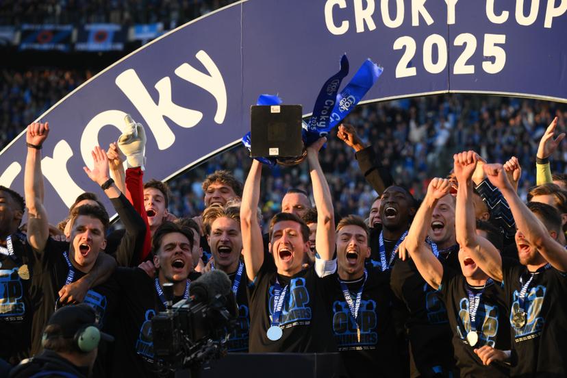 Club's players celebrate on the podium after winning a soccer game between Club Brugge and RSC Anderlecht in Brussels, Sunday 04 May 2025, the final of the 'Croky Cup' Belgian soccer cup. BELGA PHOTO JOHN THYS