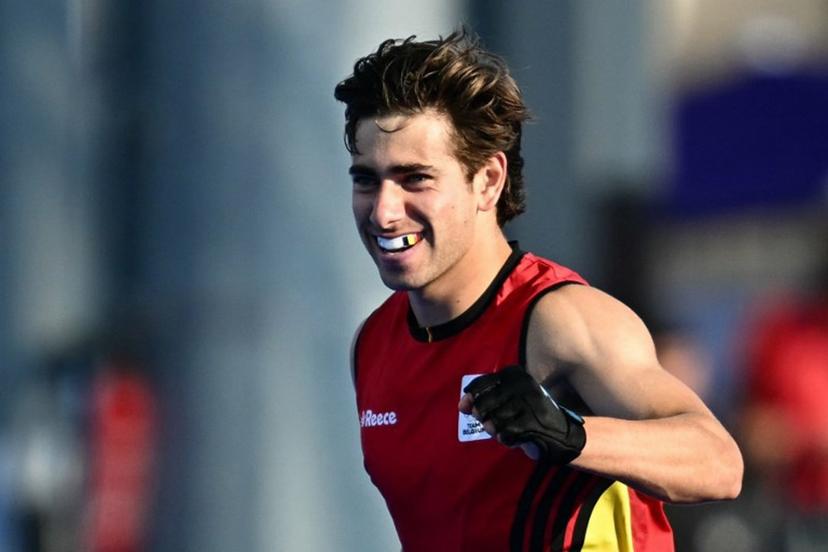 Belgium's forward #03 Thibeau Stockbroekx celebrates scoring his team's third goal in the men's pool B field hockey match between Belgium and Argentina during the Paris 2024 Olympic Games at the Yves-du-Manoir Stadium in Colombes on August 2, 2024.  Loic VENANCE / AFP