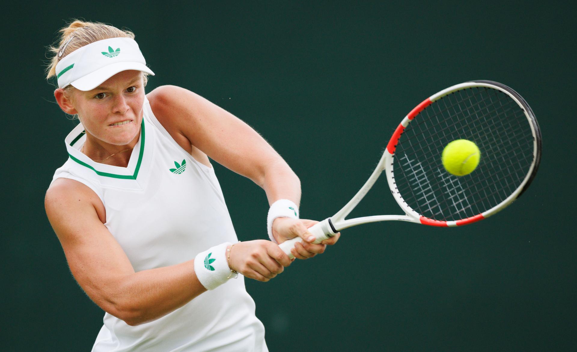 Belgian Jeline Vandromme pictured in action during a tennis match against Spanish Torner-Sensano, in the first round of the girls' singles at the 2025 Wimbledon grand slam tournament, Saturday 05 July 2025 at the All England Tennis Club, in South-West London, Britain. BELGA PHOTO BENOIT DOPPAGNE