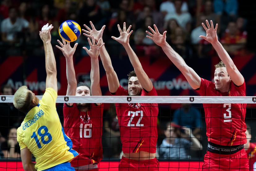 Ukraine's Ian Iereshchenko, Belgium's Matthias Valkiers, Belgium's Pieter Coolman and Belgium's Sam Deroo pictured in action during a volleyball game between Belgian national team 'the Red Dragons' and Ukraine, in the 1/8 finals of the European volleyball championships, Saturday 21 September 2019 in Antwerp. BELGA PHOTO KRISTOF VAN ACCOM