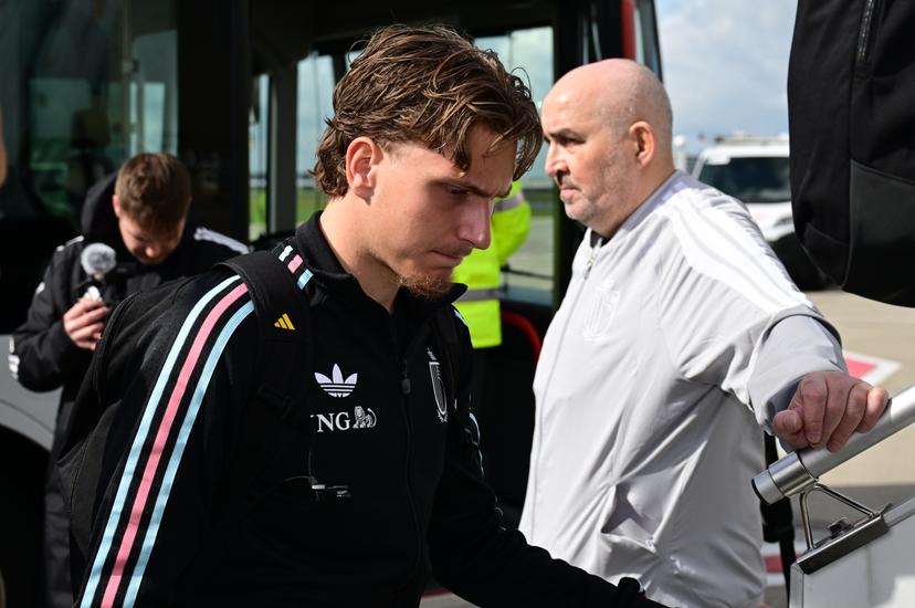 Belgium's Mika Godts pictured at the departure of the Red Devils, the Belgian national soccer team, traveling from Brussels airport in Zaventem towards the USA on Wednesday 25 March 2026. The team will play friendly games against the United States and Mexico. These games are preparation games of the 2026 World Cup. BELGA PHOTO DIRK WAEM
