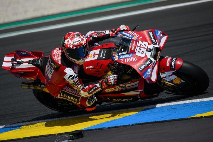 Ducati Lenovo Team's Italian rider Francesco Bagnaia corners during the first practice session ahead of the Moto GP Grand Prix of France at Le Mans, northwestern France, on May 8, 2026.  Loic VENANCE / AFP