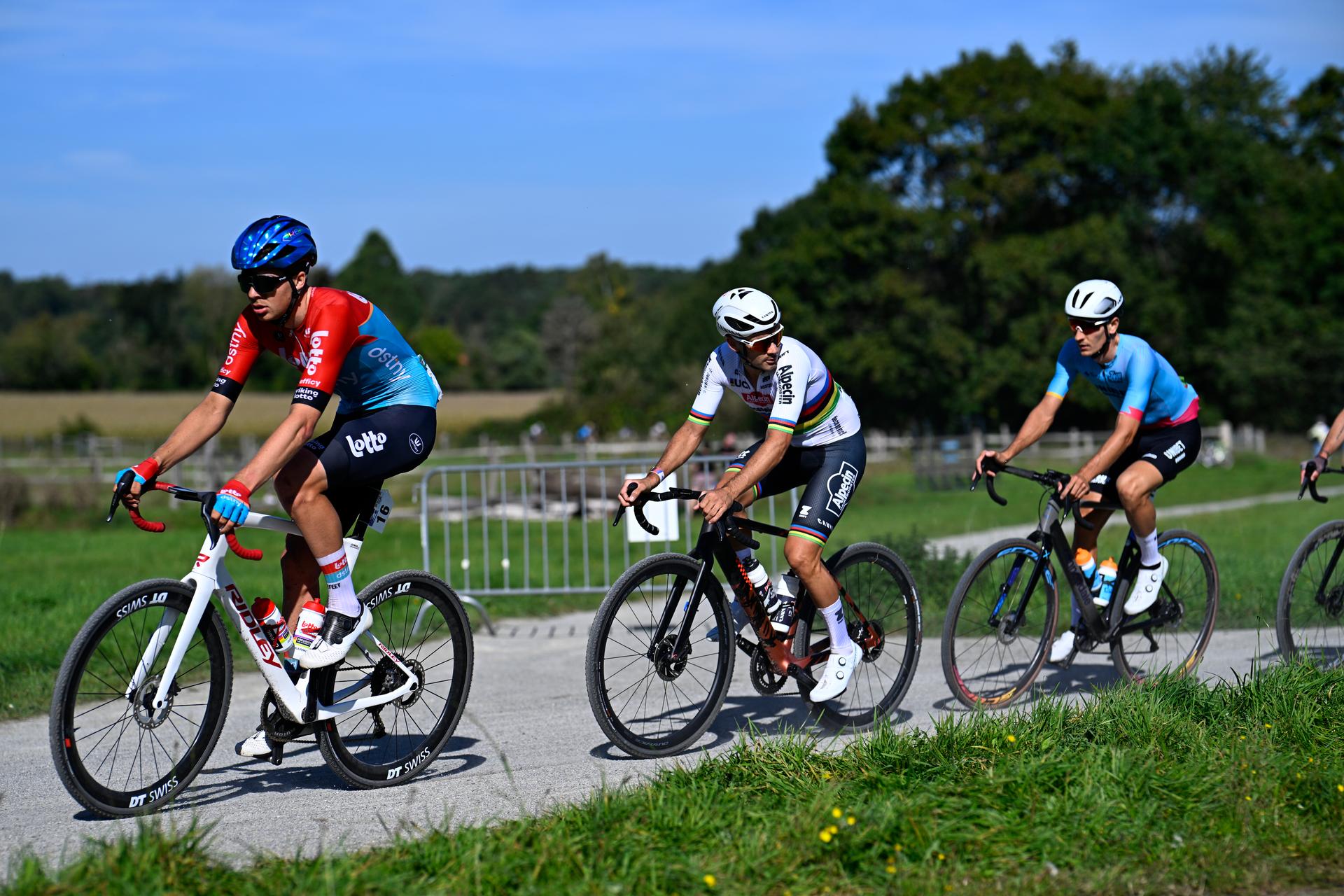 Belgian Florian Vermeersch and Belgian Gianni Vermeersch pictured in action during the elite race at the European and Belgian Gravel Championships, Sunday 01 October 2023, in Heverlee, Leuven. BELGA PHOTO JASPER JACOBS