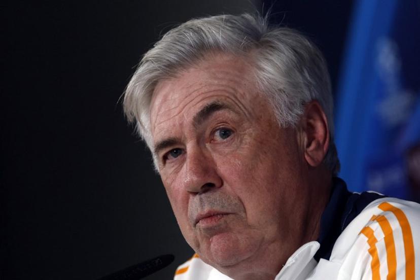 Real Madrid's Italian coach Carlo Ancelotti holds a press conference at Real Madrid Sports City in Valdebebas, in the outskirts of Madrid on April 15, 2025, on the eve of the UEFA Champions League quarter final second leg football match between Real Madrid CF and Arsenal.  Pierre-Philippe MARCOU / AFP