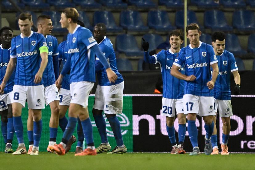 Genk's Konstantinos Kos Karetsas celebrates after scoring during a soccer game between Belgian soccer team KRC Genk and Swiss FC Basel, on Thursday 27 November 2025, in Genk, on the fifth game (out of 8) in the league phase of the UEFA Europa League competition. BELGA PHOTO JOHAN EYCKENS