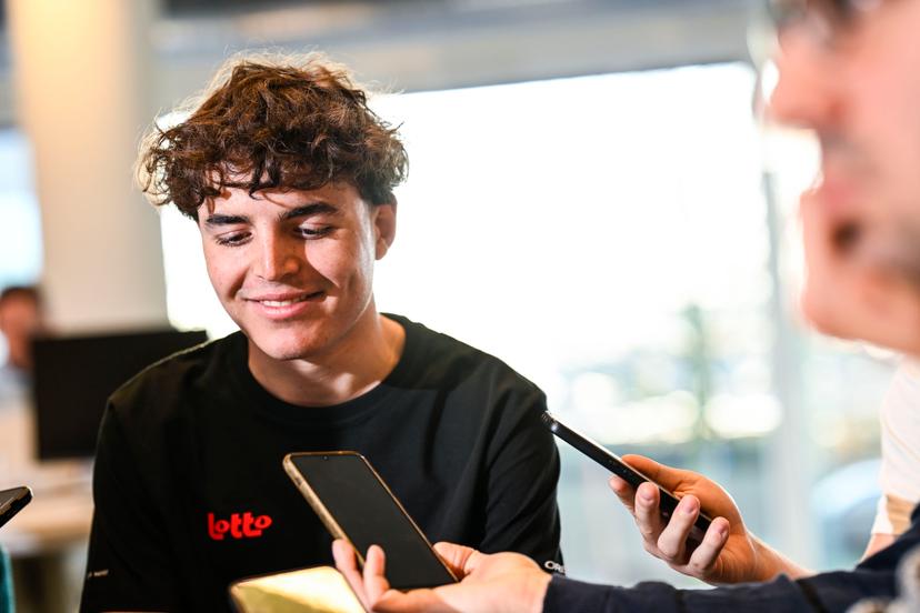 Belgian Jarno Widar of Lotto Dstny Development Team speaks with the press at the Lotto Cycling Team media day, in Temse, Friday 03 January 2025. BELGA PHOTO GOYVAERTS