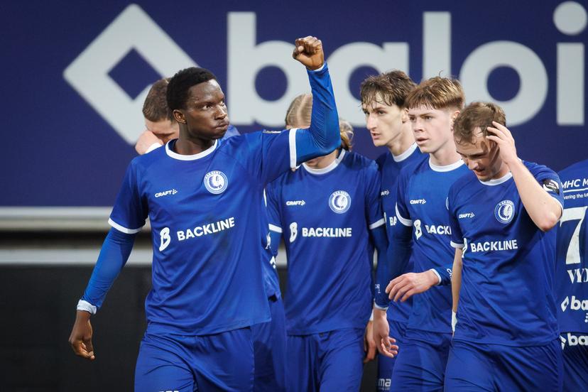 Jong Gent Idris Abdullahi celebrates after scoring during a soccer match between Jong KAA Gent and Lommel SK, Wednesday 11 March 2026 in Gent, on day 29 of the 2025-2026 'Challenger Pro League' first division of the Belgian championship. BELGA PHOTO KURT DESPLENTER