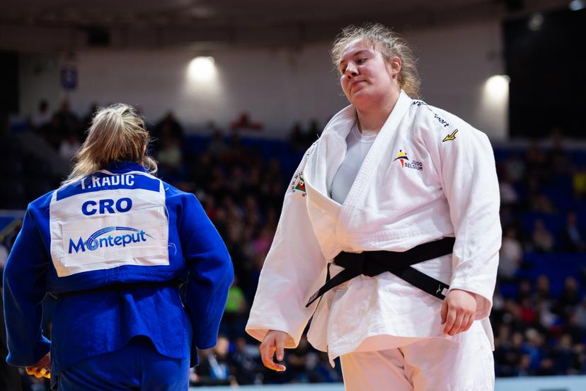 Belgian Gabrielle Bouvier (white) and Croatian Tina Radic (blue) pictured during a fight in the Men -78kg, at the European Judo Championships in Podgorica, Montenegro, on Friday 25 April 2025. The tournament is taking place from 23 tot 27 April 2025. BELGA PHOTO NIKOLA KRISTC