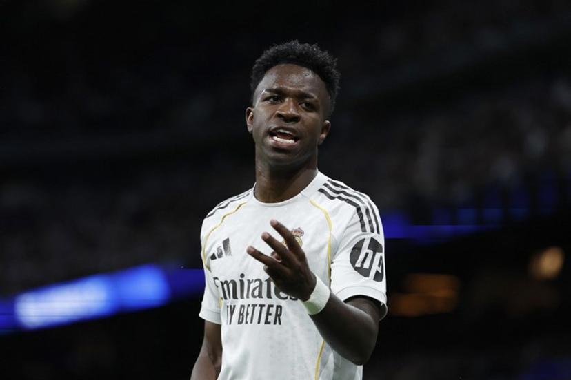 Real Madrid's Brazilian forward #07 Vinicius Junior gestures during the Spanish league football match between Real Madrid CF and Real Oviedo at Santiago Bernabeu Stadium in Madrid on May 14, 2026.  Oscar DEL POZO / AFP