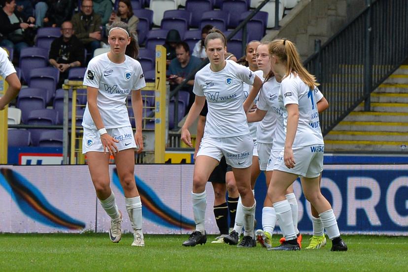 Genk's Gwen Duijsters celebrates after scoring during a soccer game between RSCA Women and KRC Genk, Saturday 25 May 2024 in Brussels, on day 10/10 of the play-off group A of the Super League women's championship. BELGA PHOTO JILL DELSAUX